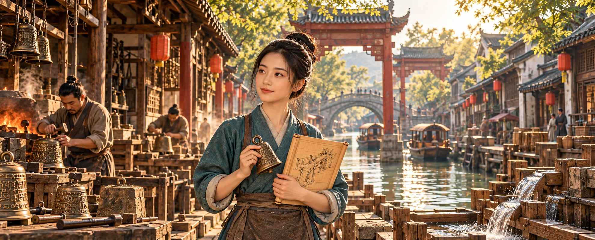 郁青手持铜铃,站在南城旧水渠旁